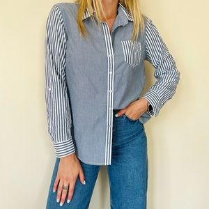 Talbots striped navy 100% cotton button down shirt top